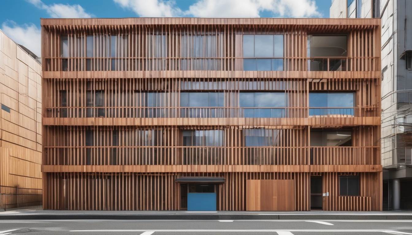 木目色と炭色が重なる稜線状の抽象グラフィック。都市に木造中高層建築が立ち上がるスカイラインを象徴するイメージ